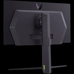 Traseira do monitor LG UltraGear 27GS95QX-B com stand robusto, logo LG iluminado, portas acessíveis e design angular em preto para setup gamer elegante