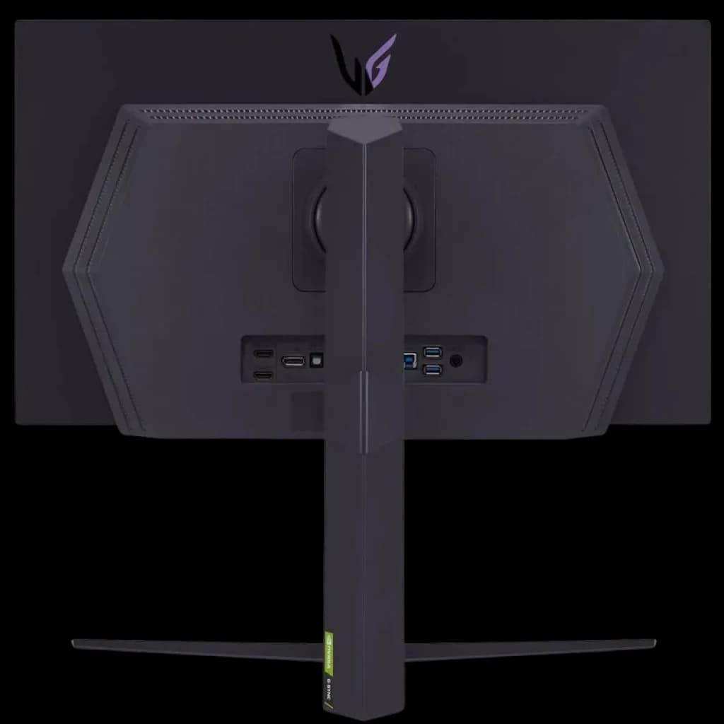 Parte traseira do monitor LG UltraGear 27GS95QX-B com suporte robusto, entradas HDMI, DisplayPort e USB, acabamento preto fosco e logo iluminado