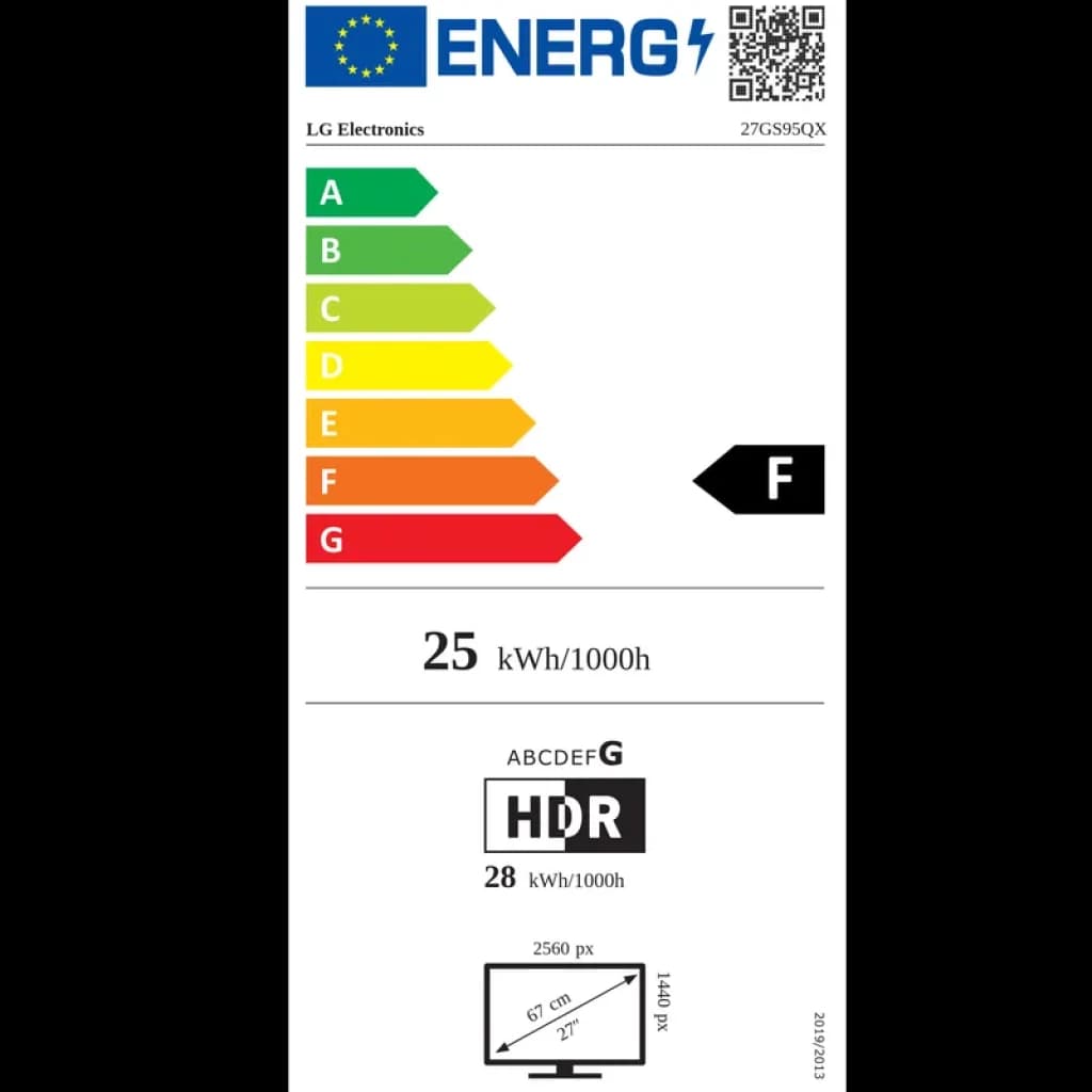 Etiqueta de energia da UE para monitor LG 27GS95QX-B: classe F, 25 kWh/1000h, HDR, 27 pol QHD 2560x1440, OLED 240 Hz, tempo de resposta 0,03 ms