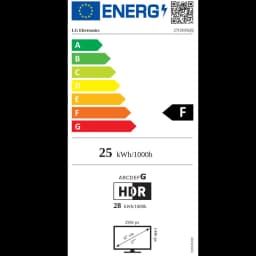 Etiqueta de energia da UE para monitor LG 27GS95QX-B: classe F, 25 kWh/1000h, HDR, 27 pol QHD 2560x1440, OLED 240 Hz, tempo de resposta 0,03 ms
