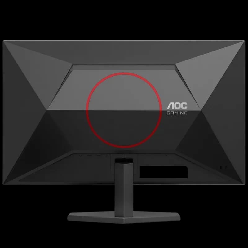 Moniteur AOC Q27G42ZE 27 pouces, dos noir angulaire avec anneau rouge, pied central robuste, design gaming épuré et moderne