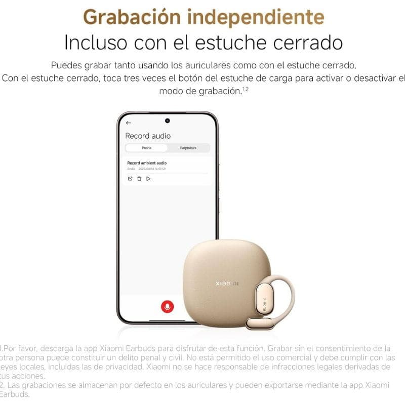 Xiaomi OpenWear Stereo Pro ANC Preto Grafite com estojo compacto quadrado e botão lateral; gravação independente e microfone visível no aplicativo