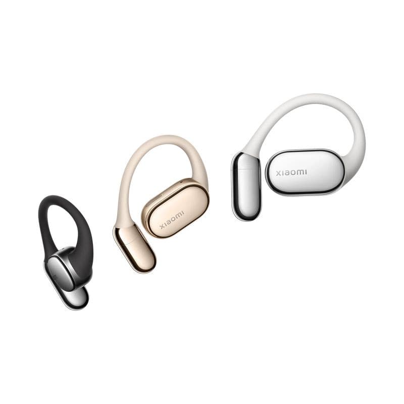 Xiaomi OpenWear Stereo Pro ANC Preto Grafite com design open-ear, ganchos flexíveis e acabamento metálico; cores preto, dourado e branco destacadas