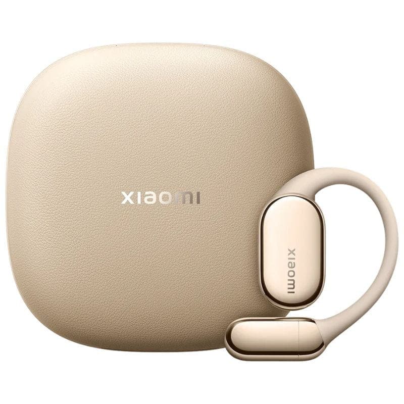 Xiaomi OpenWear Stereo Pro ANC Dourado Arena com estojo compacto bege e auricular aberto elegante com acabamento metálico dourado