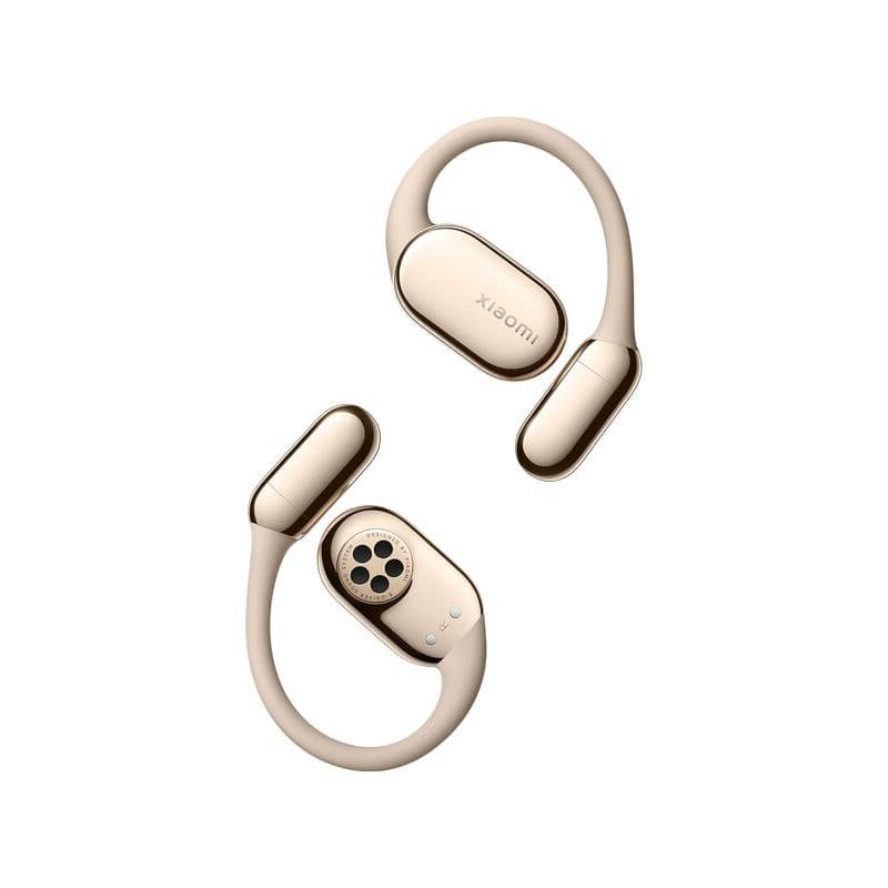 Xiaomi OpenWear Stereo Pro Dourado Arena, earbuds de orelha aberta com ANC, design curvo elegante em dourado, controles laterais e grelha visível no driver