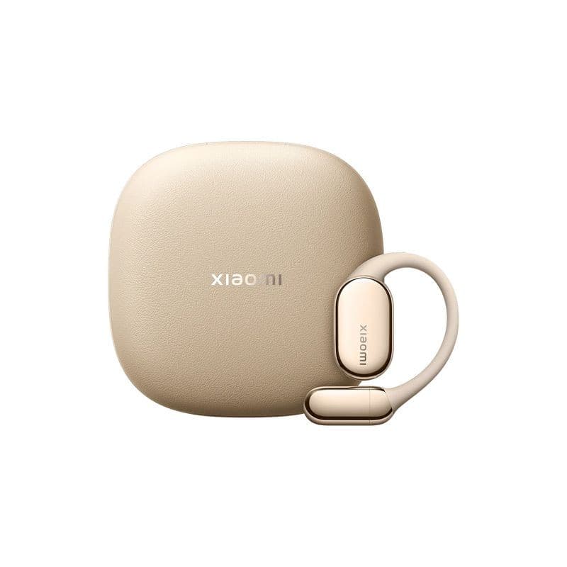 Xiaomi OpenWear Stereo Pro Dourado Arena com case bege texturizada; earhook elegante metálico, design minimalista e compacto com ANC