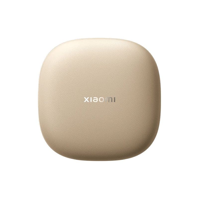 Xiaomi OpenWear Stereo Pro com cancelamento de ruído ANC Dourado Arena, estojo compacto bege com textura fosca e logo xiaomi centralizado