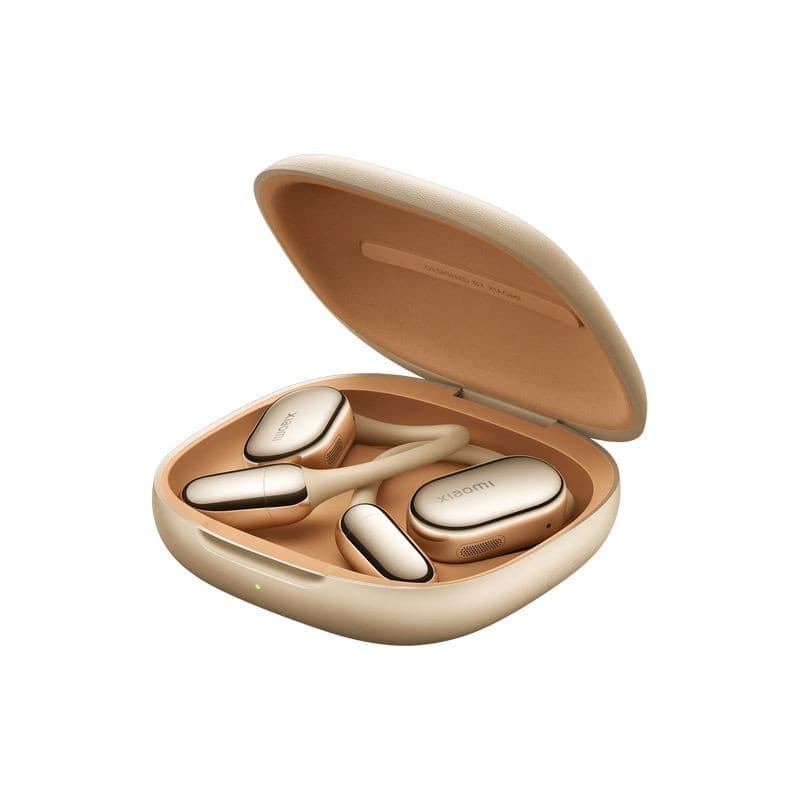 Xiaomi OpenWear Stereo Pro Dourado Arena com estojo compacto; design open-ear elegante, acabamentos metálicos, LEDs discretos e formato ergonômico com ANC