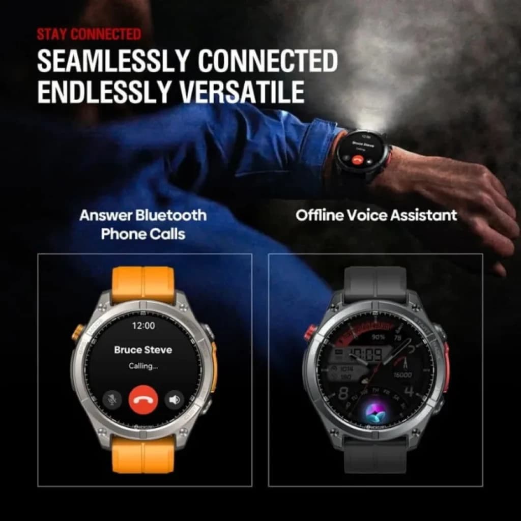 Zeblaze Stratos 4 GPS Negro con pantalla redonda, bisel metálico, correa negra, botones laterales rojos y naranjas, llamadas Bluetooth y asistente de voz