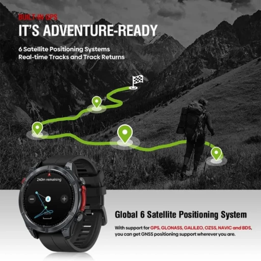 Reloj deportivo Zeblaze Stratos 4 GPS Negro con bisel robusto, correas negras y rojas, pantalla a color y botones laterales; enfoque en navegación