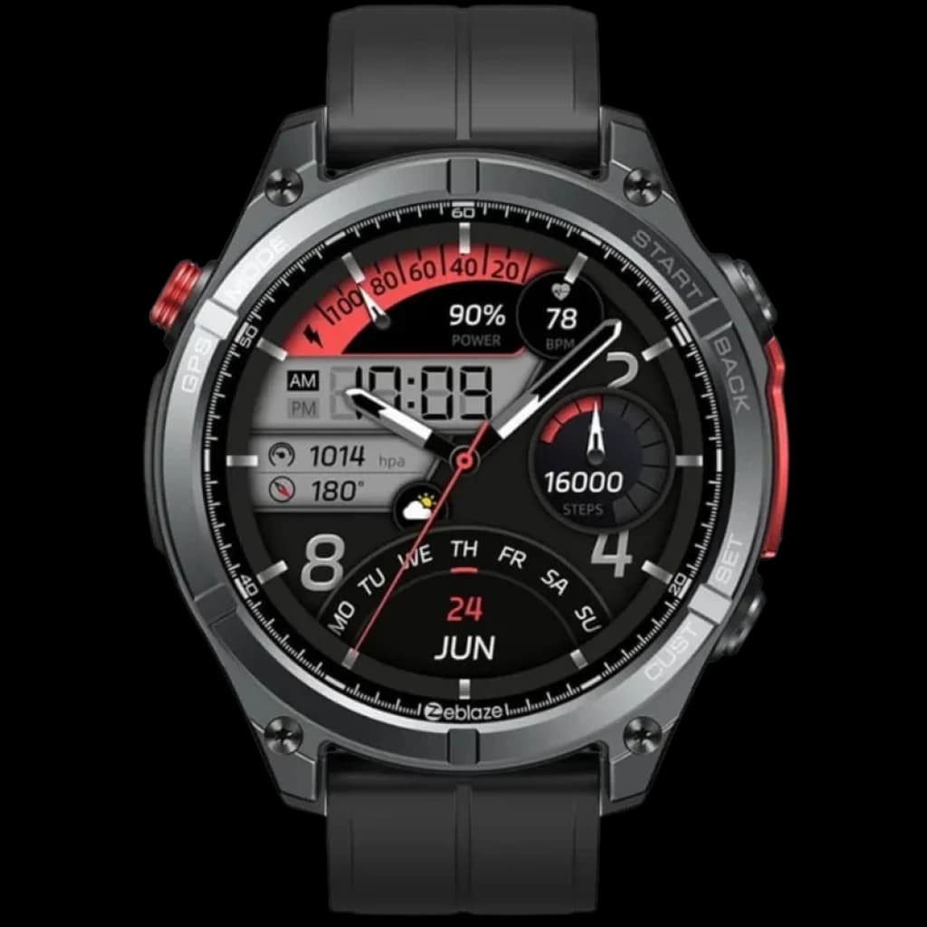Zeblaze Stratos 4 GPS Negro con bisel robusto, correa de silicona, pantalla circular con métricas de ritmo cardíaco, pasos, altitud, brújula y fecha en rojo