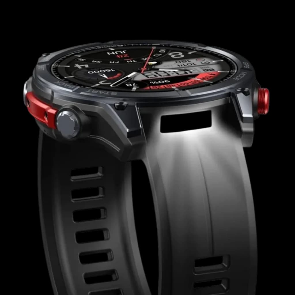 Zeblaze Stratos 4 GPS Negro con caja robusta, bisel metálico, dos botones rojos, pantalla deportiva con detalles en rojo y correa negra perforada ajustable