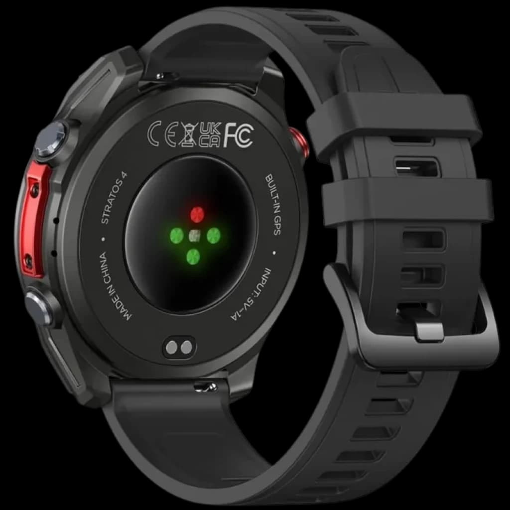 Zeblaze Stratos 4 GPS Negro con correa de silicona negra, carcasa robusta, botones rojos laterales y sensor óptico trasero con LEDs verdes y rojos
