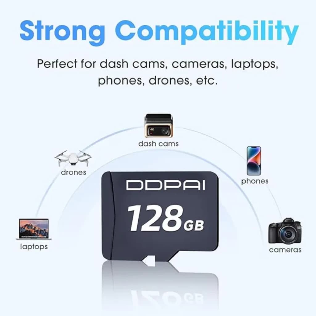 DDPAI Cartão microSD de 128 GB para Dash Cam, formato microSD, cor preta, destaque de compatibilidade com câmeras, celulares, laptops e drones