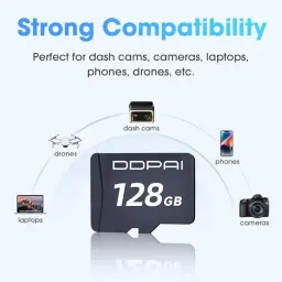 DDPAI Cartão microSD de 128 GB para Dash Cam, formato microSD, cor preta, destaque de compatibilidade com câmeras, celulares, laptops e drones