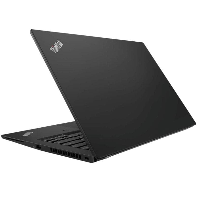 Portátil Lenovo ThinkPad E485 negro, tapa abierta mostrando teclado QWERTZ y chasis robusto, diseño profesional de 14 pulgadas con ventilación lateral