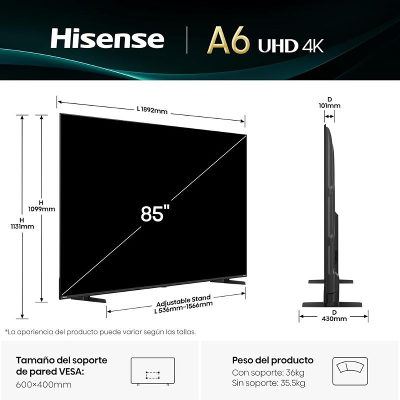 Hisense 85A6Q 85 pouces 4K Ultra HD LED noir, écran large avec cadres fins, Dolby Vision, IA 4K Upscaler, contrôle vocal, interface Smart TV - Ítem5