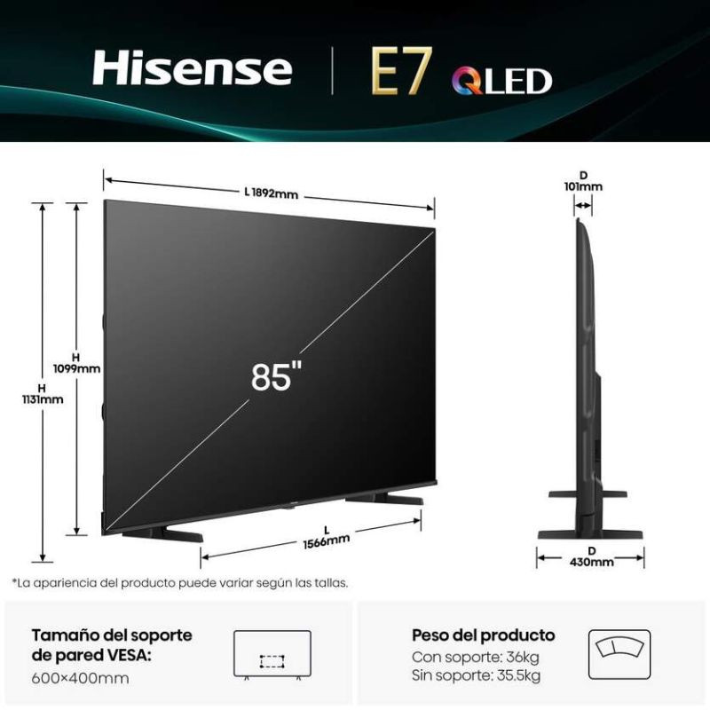 Hisense 85U7NQ 85 polegadas 4K QLED com Dolby Vision Atmos, AI 4K Upscaler e Modo Filmmaker; moldura antracite e base dupla discreta - Item6