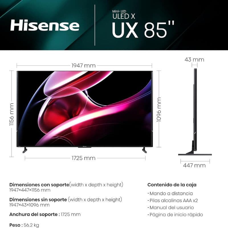Hisense 85UXKQ 85 4K Ultra HD Smart TV antracite com ecrã fino sem bordas visíveis, suporte duplo metálico e painel com cores vibrantes e pretos profundos