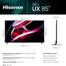 Hisense 85UXKQ 85 4K Ultra HD Smart TV antracite com ecrã fino sem bordas visíveis, suporte duplo metálico e painel com cores vibrantes e pretos profundos