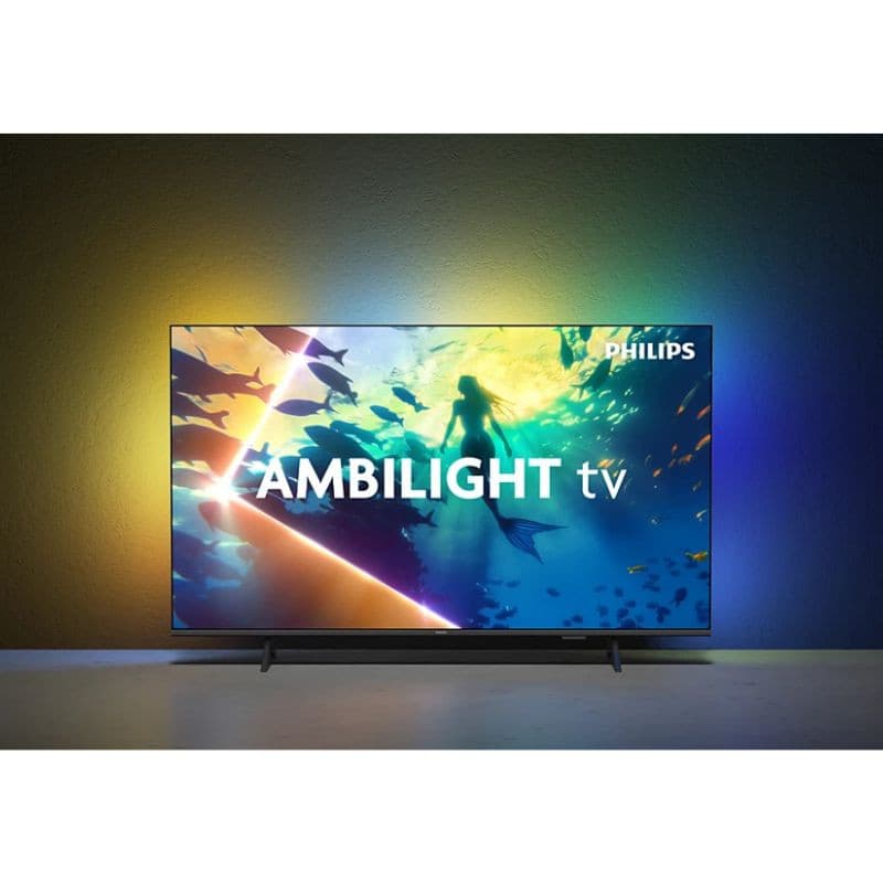 Philips 55OLED770 55" 4K UHD Smart TV, écran OLED fin noir, Ambilight multicolore arrière, bords minces, pieds discrets, image lumineuse et contrastée.