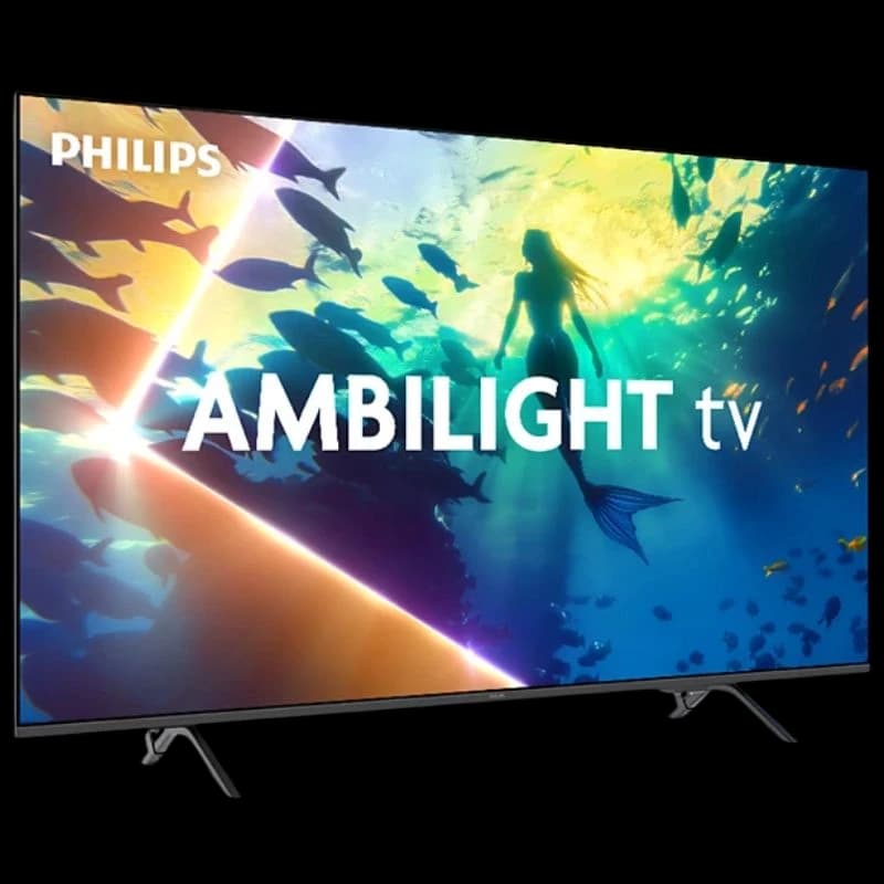 TV Philips 55PUS8010/12 55" 4K UHD LED noir, bords fins, pieds métalliques, écran lumineux avec Ambilight immersif et image nette et colorée.