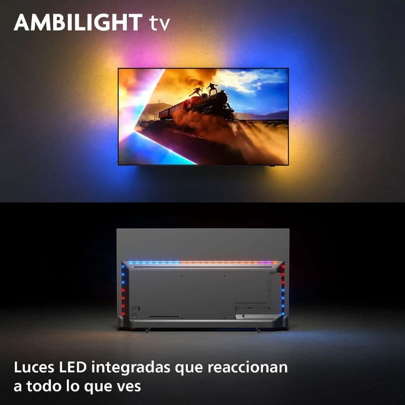 Philips 65OLED770 65" 4K OLED avec Ambilight: halo LED immersif réactif, bords lumineux multicolores synchronisés avec l’écran pour une expérience