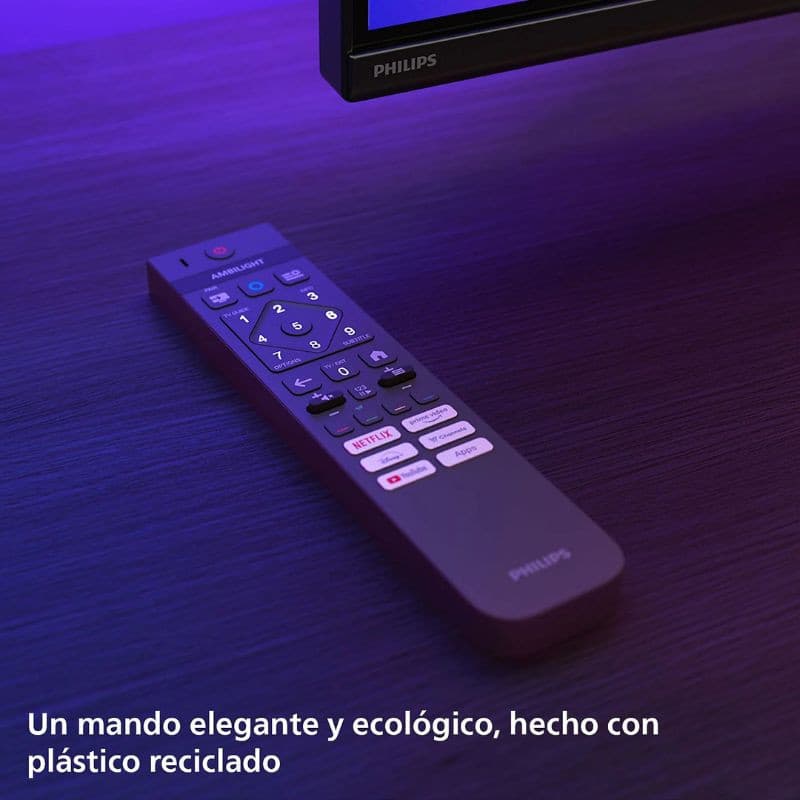 Télécommande Philips élégante et éco-conçue en plastique recyclé, rétroéclairée Ambilight, boutons dédiés Netflix/Prime/YouTube, finition sombre