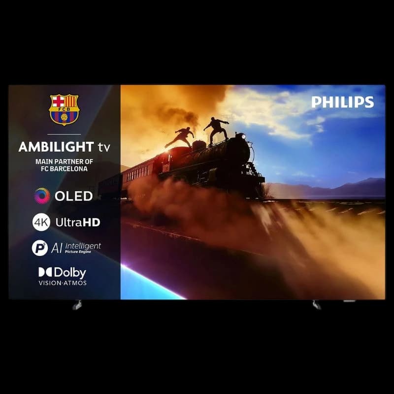 Philips 65OLED770 65" : écran OLED 4K Ultra HD avec Ambilight, AI Intelligent Picture Engine, Dolby Vision/Atmos, design fin, bords étroits.