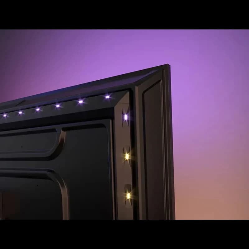Philips 85PUS8510 85 4K QLED com Ambilight: bordas traseiras iluminadas em LED, luz violeta e dourada que expande a imersão e destaca o design fino