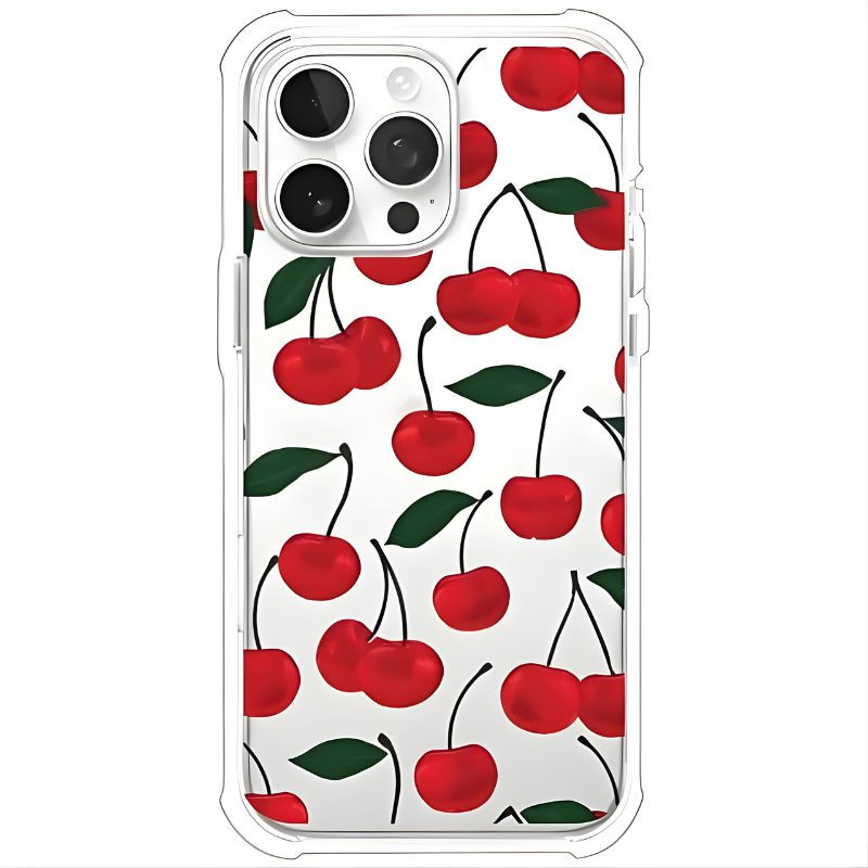 Coque iPhone 16 Pro Max Cerises avec motif cerises rouges et feuilles vertes sur fond transparent, bords renforcés et découpe précise pour lappareil photo - Ítem