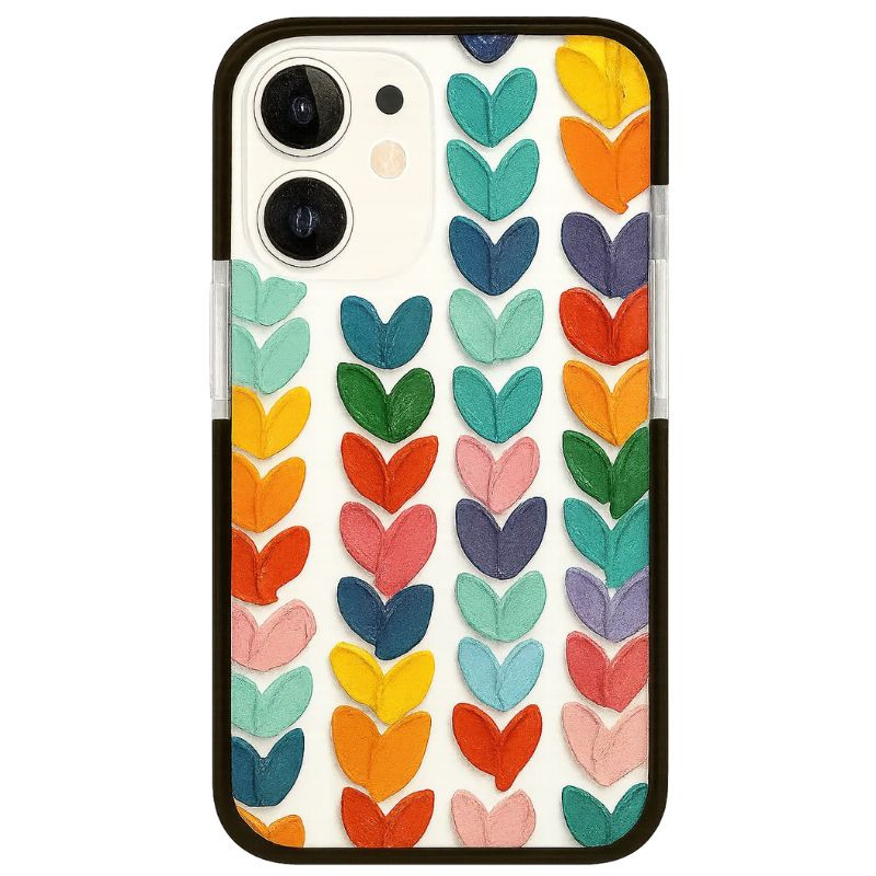 Funda Corazón de Colores iPhone 16 con filas de corazones multicolor en relieve sobre fondo claro y borde negro, diseño llamativo y protector - Ítem
