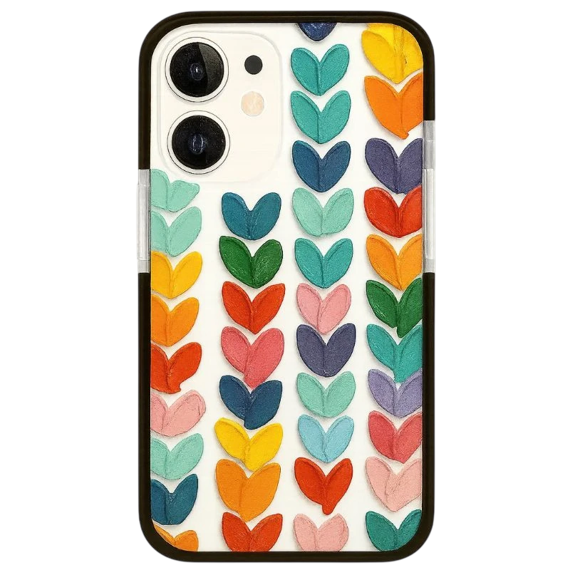 Funda Corazón de Colores iPhone 16 con filas de corazones multicolor en relieve sobre fondo claro y borde negro, diseño llamativo y protector - Ítem