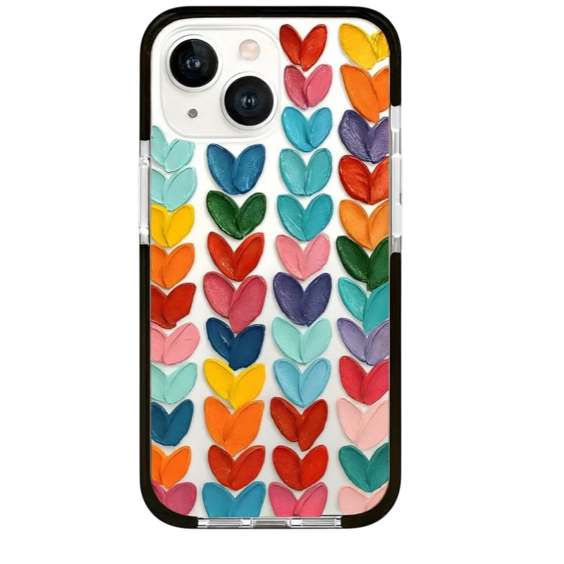 Funda Corazón de Colores iPhone 13 con patrón de corazones en relieve multicolor sobre fondo blanco, bordes negros y laterales transparentes, estilo vibrante - Ítem