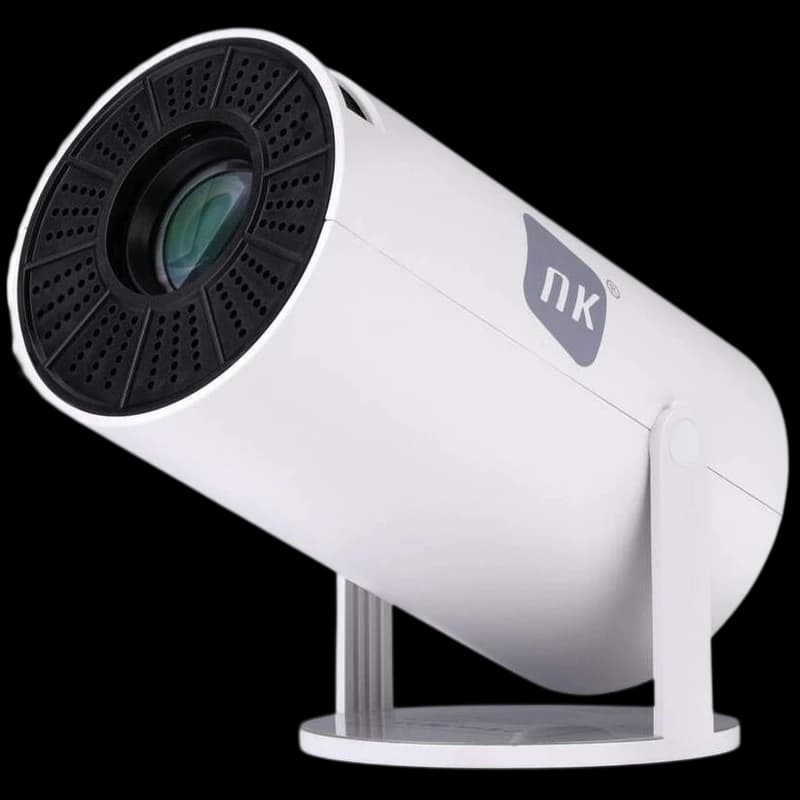 Mini Proyector NK-TV340031 HD LCD 120 Ansi con lente frontal grande, carcasa blanca cilíndrica, rejilla negra, soporte ajustable y puerto HDMI