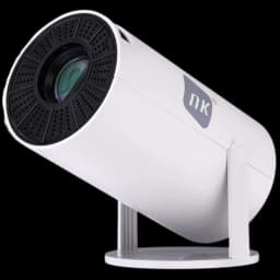 Mini Proyector NK-TV340031 HD LCD 120 Ansi con lente frontal grande, carcasa blanca cilíndrica, rejilla negra, soporte ajustable y puerto HDMI