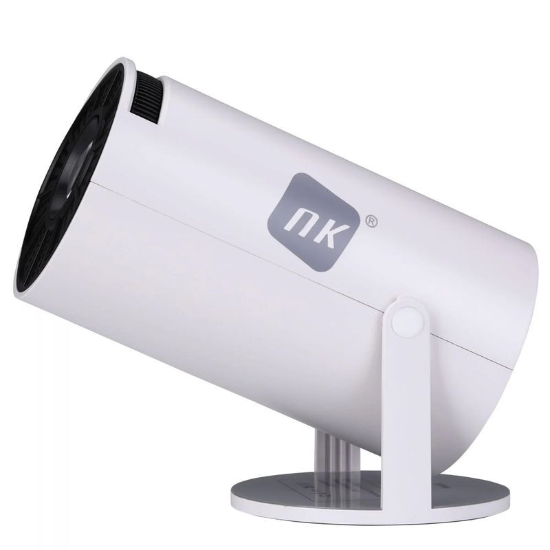 Mini projecteur NK-TV340031 HD LCD blanc, design cylindrique, large lentille frontale, monté sur support inclinable, connectique HDMI, luminosité 120 ANSI - Ítem1