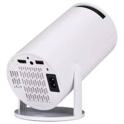 Mini Proyector NK-TV340031 HD LCD 120 Ansi con carcasa blanca cilíndrica, soporte ajustable y puertos HDMI, USB y audio en la parte trasera
