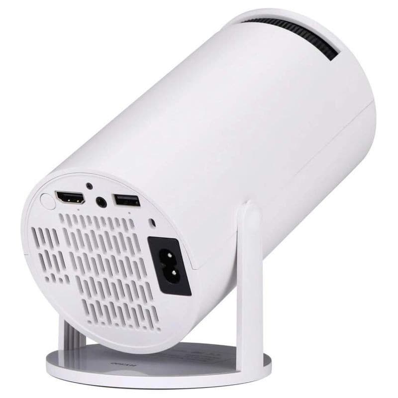 Mini projecteur NK-TV340031 HD LCD blanc, format cylindrique sur support pivotant, ports HDMI et USB visibles, ventilation arrière, design compact moderne