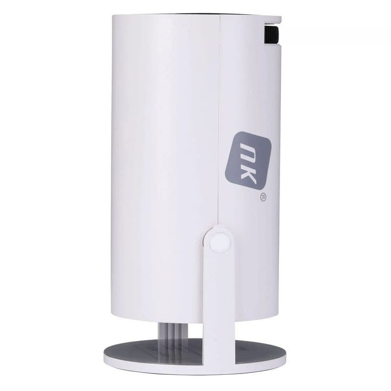 Mini Proyector NK-TV340031 HD LCD 120 Ansi HDMI en color blanco, diseño cilíndrico vertical con soporte giratorio y logo nk lateral