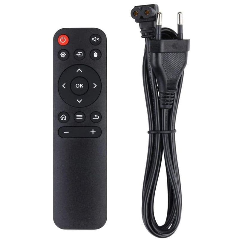 Control remoto negro con botones de navegación, volumen y encendido, junto a cable de alimentación europeo de dos pines para Mini Proyector NK-TV340031 HD