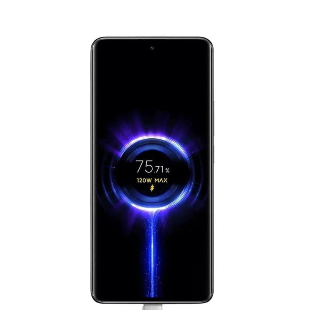 Pantalla de smartphone mostrando carga rápida 120 W al 75 %, con animación luminosa azul y conector USB‑C conectado en la parte inferior