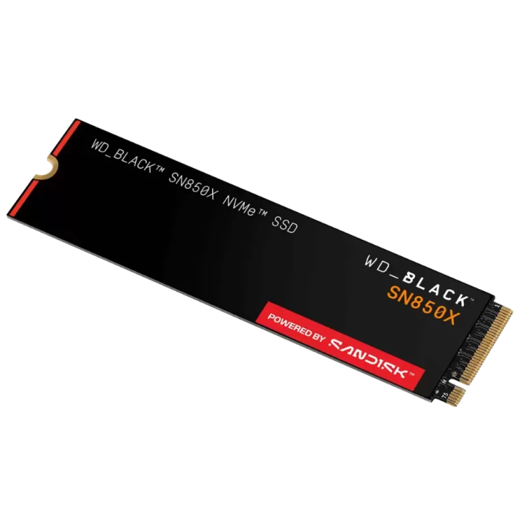 Module NVMe M.2 WD BLACK SN850X 2 To noir, étiquette avec logos WD_BLACK et SanDisk, connecteur doré apparent à droite - Ítem1
