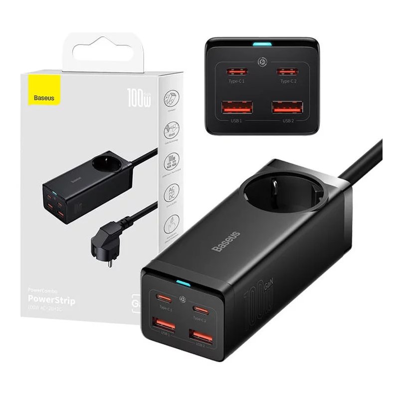 Cargador Baseus con Enchufe de 100W y 2xUSB-A + 2xUSB-C - Negro - Ítem
