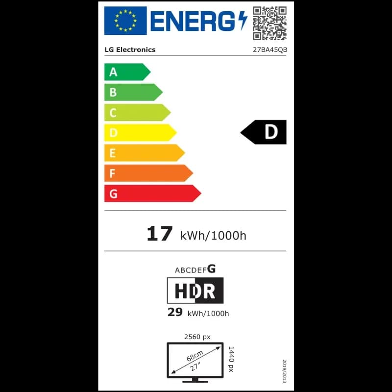 Etiqueta energética del monitor LG 27BA45QB-B: clase D, consumo 17 kWh/1000h, HDR, resolución 2560x1440, pantalla 27 pulgadas con peana ajustable
