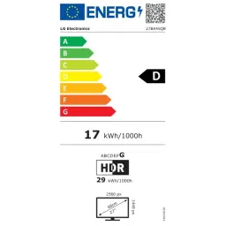 Etiqueta energética del monitor LG 27BA45QB-B: clase D, consumo 17 kWh/1000h, HDR, resolución 2560x1440, pantalla 27 pulgadas con peana ajustable