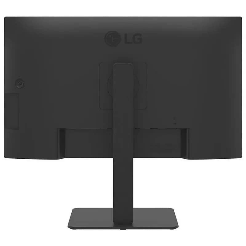 Parte trasera del monitor LG 27BA45QB-B de 27 pulgadas: acabado negro mate, soporte ajustable robusto, biseles delgados y puertos ocultos para un look limpio