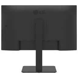 Parte trasera del monitor LG 27BA45QB-B de 27 pulgadas: acabado negro mate, soporte ajustable robusto, biseles delgados y puertos ocultos para un look limpio
