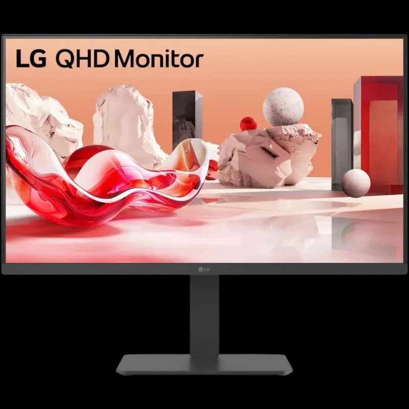 Monitor LG 27 pulgadas QHD IPS con biseles delgados, soporte ajustable en altura y base rectangular estable; pantalla nítida ideal para trabajo y diseño