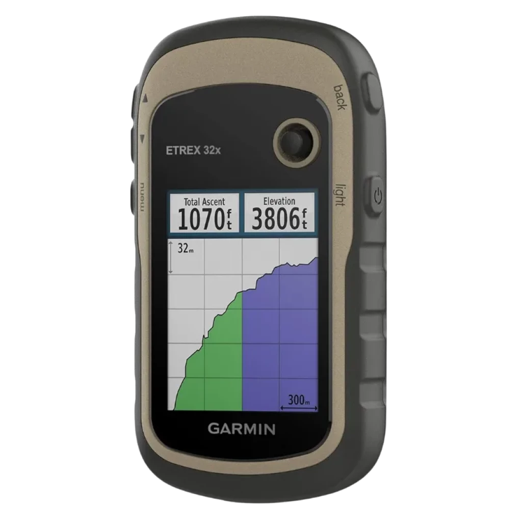 Garmin Etrex 32x com ecrã a cores que mostra mapas topográficos, caixa resistente com botões laterais, rebordo bege e lente de sensor frontal - Item1